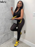Kliou Hollow Out See Through Jumpsuit For Women Solid Sexy Sling Skinny Cleavage Net Plaid Hole Stunning Midnight Club