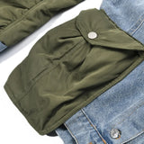 Winter Casual Denim Patch Ruched Long Sleeve Padded