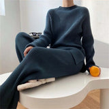 Winter Knitted Loose Two Pieces Sets Chic Split Warm Elegant Pullovers Sweaters 2022 Wide Leg Straight Streetwear