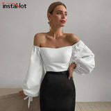 Elegant Women Crop Top Off the Shoulder Blouse Slim Puff Sleeve Solid Vintage Autumn 2021 Fashion Casual Shirts