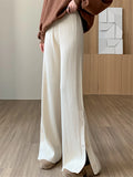 Winter Thick Knitted Women's Wide Leg Pants Side Split Elastic Waist Solid Straight Long Pant 2022 Casual Trouses