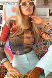 Graphic Print Green Mesh Sheer T-shirt Long Flare Sleeve Slim Crop Tops Sexy See Trough Women Tops Y2K Vintage Grunge-Outfit