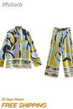 2023 Summer Women Fashion 2 piece Sets Suits Print Satin Loose Shirts Tops and Trousers Female Street two piece Clothing-Outfit