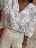 Hook Flower Hollowed Out Blouse For Women Chic V Neck Half Sleeve Single Breasted Shirt Summer Lady High Streetwear 2024-Outfit