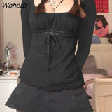 Lace Frill T-shirts Women Autumn Fairycore Grunge Kawaii Long Sleeve Pullovers Tie-up Tees Retro y2k Aesthetic Clothes-Outfit