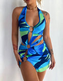 Women Halter Short Bodycon Dress Summer Party Club Hollow Out Ring Mini Sundress Cutout Sleeveless Backless Wrapped