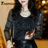 Spring Plus Size Bright Silk Prom Party Women T Shirt Transparent Sleeve Round Neck Spring Female Tee