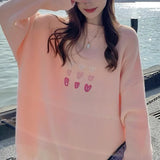 Woherb Sense Minority Love Embroidery Soft Waxy Sweater Female Early Autumn Loose Retro Lazy Wind Knit Sweater Top-Outfit