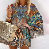Women Off Shoulder Elegant MIni Dress Female Sexy Cocktail Party Dress Leopad Print Long Sleeve