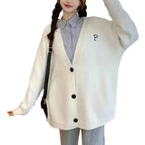 Woherb Wind Sweater Coat Women's Sheep Wool Winter New Wear Letters Embroidered Loose Knit Cardigan Top-Outfit