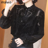 Women's Long Sleeve O Neck Lace Bottoming Blouse Shirt Autumn Winter 2021 New Solid Lace Bottom Shirt Black Tops Blusa-Outfit