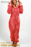 Women Overall Homewear Warm Fleece Hooded High Waist Autumn Winter Solid Color Jumpsuit Pants Jumpsuits Pajama-Outfit