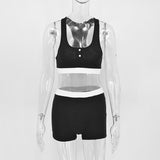 New 2024 Women Shorts T-shirts Sporty Two Piece Set Streetwear Sexy Women Slim Button Patchwork Knitted Lady Cropped Top-Outfit