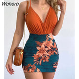 Sexy Two Piece Set Wome Fashion V-neck Sleeveless Suspender Top Floral Print Tight Skirt Suit Two Piece Set Women-Outfit