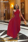 Women High Waist Hollow Out One Shoulder Cutout Pleated Dress Evening Party Ankle Length Long Dress Sleeveless Sexy Slim-Outfit