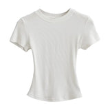 Trend Women's Wear Thread Slim Short-Sleeved T-Shirt Sexy Round Collar Solid Color Shoulder Show Thin Short Navel Blouse-Outfit