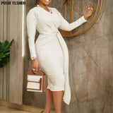 Bodycon Midi Dress African Dresses for Women 2023 Daily Elegant High Waist Bandage Long Sleve Robe Femme African Clothes-Outfit
