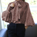 Satin Blouse WomenFashion Tunics Tops 2022 Autumn Elegant Bow Tie Lantern Sleeve Belted Shirt Casual Slik Party