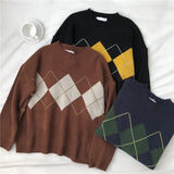 Knitted Sweater Women Argyle Oversize Korean Pullover Jumper Fashion Plaid Ladies Long Sleeve Winter Loose Casual Black