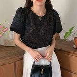 Woherb Chic Sweet Flower Texture Sense Short-Sleeved Chiffon Shirt Female Summer New French Temperament Small Shirt Jacket-Outfit