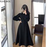 Hot New Design Korean Style Womens Fashion Cute Elegant Office Lady A Line Long Single Breasted Button Button Black Shirts