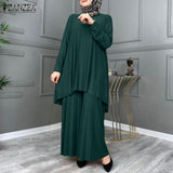 Women Muslim Sets Islamic Clothing Plain Suits Morocco Turkish Pleated Full Sleeve Tops Wide Legs Long Pants