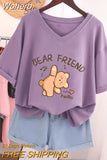 100% Cotton L-5XL Plus Size T Shirt Bunny Print V Neck Tshirt Short Sleeve Women Top Basic Summer Couple Solid T Shirts-Outfit