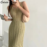 Knitting Dress Women 2022 Summer Tank Sleeve Streetwear Vintage Elegant Knit Bodycon Dress Sleeveless Hook Clothing