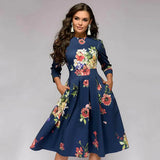 Vintage pleated tunic print dress women Elegant ladies A line dresses Long sleeve female autumn mixi party dress