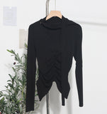 Real Shooting Explosion Long-Sleeved T-Shirt Girl Autumn Folded Waist-Bottomed Shirt V-Neck Ribbon Open Fork Short Top