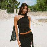 Woherb Summer New Women's Sexy Hot Girl Inclined Shoulder Fold Draw Rope Closed Waist Slim Small Vest-Outfit