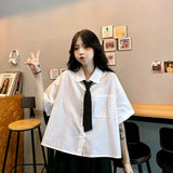 Women Shirts Blouse Summer Oversized Blouses Short Sleeve Short Shirt Preppy Style White Cropped Students JK Uniform-Outfit
