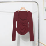 French Style Long-Sleeved T-Shirt Girl Autumn And Winter Collar Folded Folded Body Inside The Bottom Shirt Top
