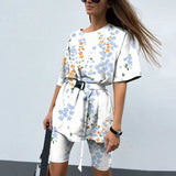 New Casual Tie Dye Women Two Piece Sets With Belt Home Loose Sports Tracksuits Fashion Leisure Bicycle Suit Summer