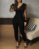 Women Fashion Sheer Mesh Long Sleeve Jumpsuits One-Piece Outfit V Neck Glitter Ruched Wrap