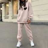 Heart Printed Fleece Women's Tracksuit Hoodies 2 Piece Set Sweatshirt + Pants Women Sport Suit Winter