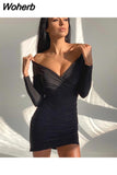 Spring Fashion Off Shoulder Sexy Wrap Dresses Bodycon Club Party Outfits Long Sleeve Mini Dress Birthday Vestidos 601-1-Outfit