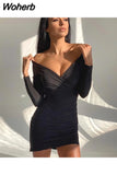 Spring Fashion Off Shoulder Sexy Wrap Dresses Bodycon Club Party Outfits Long Sleeve Mini Dress Birthday Vestidos 601-0-Outfit