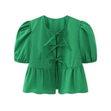 ZRN-Women's Lace Up Cropped Blouses, Puff Sleeves, O Neck, Female Shirts, Chic Tops, Fashion-Outfit