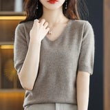 Woherb 2024 New Short-Sleeved Sweater Women's T-Shirt Solid Color V-Neck Short-Sleeved Bottom Shirt Top Thin Style A Hair-Outfit