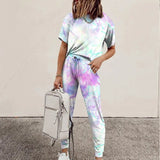 Casual Tie-dye Print 2 Piece Set O Neck Short Sleeve Tops And Drawstring Lace Up Long Pant Summer Sport Loose Female