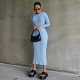 2021 Women Fall Winter Fashion Bodycon Stripe O Neck Pure Color Long Sleeves Maxi Dress Female Sexy Outfits