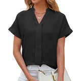 / Summer 2024 New Chiffon V-Neck Pure Color Short-Sleeved Loose Jacket Shirt-Outfit