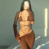 Women Summer 2022 Sexy 2 Pieces Sets Bandage Tie Hollow Out Evening Party Club Fashion Drawstring Slit Side Clothes-Outfit