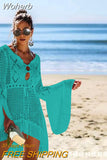 Out Knitted Cover Up Women Spring Summer Beach Sexy Loose Cover-up Solid Color Long Sleeve Fashion Casual Mini Dress-Outfit