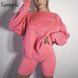 Women Winter Hoodies Sweatshirt Set Casual Outfits Long Sleeve Sport Pullovers Shirt Tops And Biker Shorts Two Piece