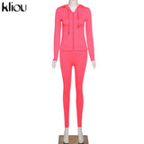 Kliou autumn new women hooded zipper pocket long sleeve tops sporty leggings matching set workout bodycon casual stretchy