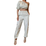 Woherb 2024 New Fashion Diagonal Collar Rotator Sleeve Top Casual Wind Pants Two-Piece Set-Outfit