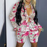 Women Fashion Two-Piece Set Casual Wear Suits Set 2pcs outifts Casual wear Floral Print Button Design Top &Shorts