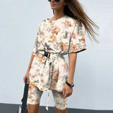 New Casual Tie Dye Women Two Piece Sets With Belt Home Loose Sports Tracksuits Fashion Leisure Bicycle Suit Summer